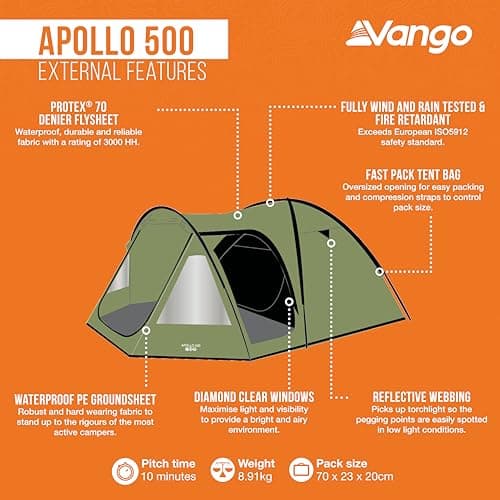 Vango Apollo 500 Family Tent for 5 People [Amazon Exclusive] with Large Porch Living Area, Waterproof - Ideal Weekend Camping Tent, Epsom Green — view 4