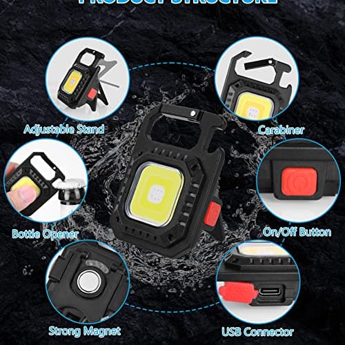 URAQT LED Torch, Portable Mini LED Small Work Light Keychain Flashlight, 7 Modes 1000 Lumens Rechargeable Inspection Lights with Bottle Opener Magnetic Base for Camping Repair Emergency Lighting — view 3