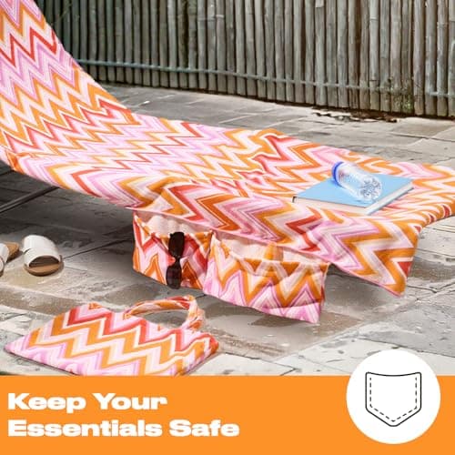 Brentfords Sun Lounger Towels with Pockets, Soft Quick Dry Towel Absorbent Lightweight Large Beach Towel in a Bag for Travel Poolside Beach Days Holiday Accessories, 75 x 215cm - Orange Zigzag — view 5