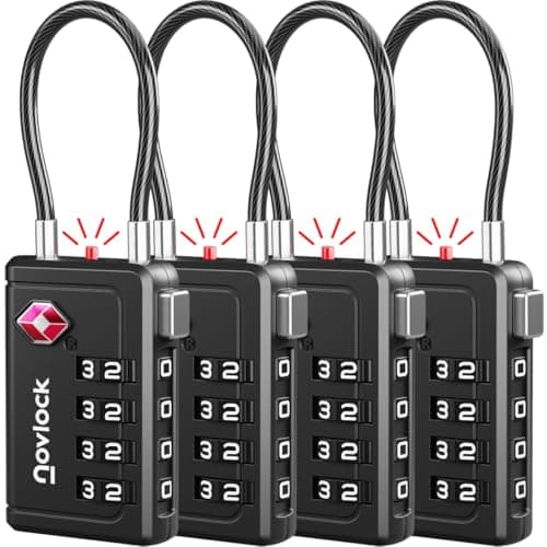 TSA Luggage Locks with Alert Indicator – 4-Digit Travel Padlocks with Flexible Cables for Suitcases, Backpacks & More – Suitcase Locks, 4-Pack, Black