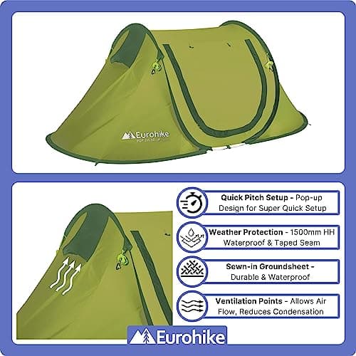 Eurohike Pop 200 Tent for 2 People with Sewn in Groundsheet, 2 Man, Easy to Pitch, Pop-Up Design, Lightweight (Green) — view 5