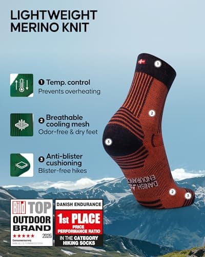 DANISH ENDURANCE Walking Socks Merino Wool Lightweight, Hiking Socks, for Men & Women, Unisex, 3 Pack, Multicolor (1x Navy/Orange, 1x Black, 1x Navy), 9-12 — view 2