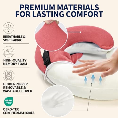 BUYUE Travel Neck Pillows for Airplanes, 360° Head Support Sleep for Long Flight, Skin-Friendly & Breathable, Kit with 3D Contoured Eye Mask, Earplugs and Storage Bag (Adult, Pink, 100+ lbs) — view 4