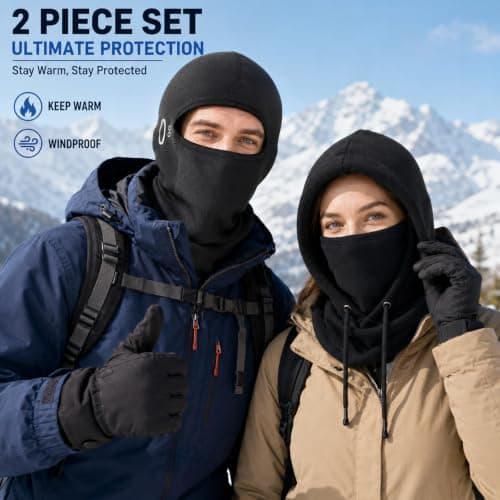 DOINEUFL 2 Pack Balaclava for Men Women, Thermal Fleece Ski Mask with Glasses Hole, Winter Hooded Face Cover with Drawstring for Motorcycle, Cycling, Snowboarding and Running Black — view 2