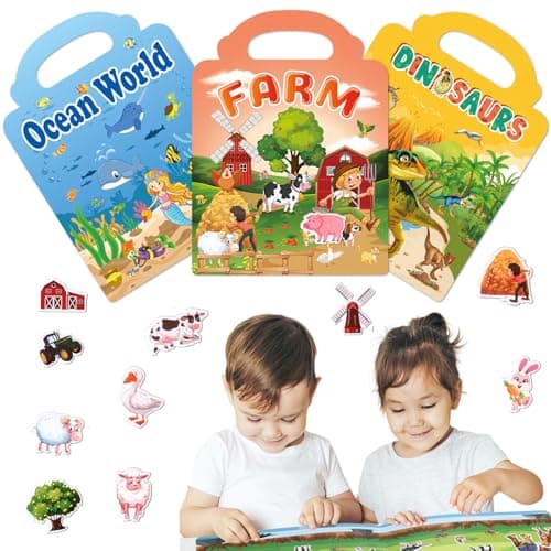 Lotnery Reusable Sticker Books for Toddlers 2-4 Years, 3-Pack Dinosaur Ocean & Farm Jelly Activity Stickers, Large Stickers for Little Hands, Travel Activities Quiet Play Essential Educational Toy Gif