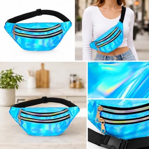 Fashion Metallic Bum Bag,Holographic Waist BagFanny Double Zipper Belt Bag Festival Rave Bumbags Waterproof Hip Pouch for Women Ladies Girls Travel Party Festival Sports Outdoor (Blue) — view 6