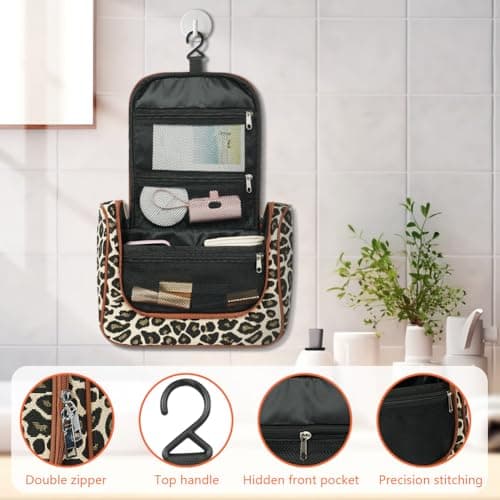 OSDUE Hanging Toiletry Bag for Men Women, Large Capacity Wash Bag with Hook and Handle, Waterproof, Makeup Organizer, Travel Accessories, Leopard Print Travel Washbag — view 4
