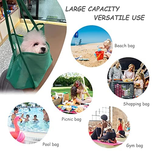 Mesh Beach Tote Bag for Sand Toys Kids Women Foldable Lightweight Durable Outdoor Shopping Travel Swim, Turquoise — view 4