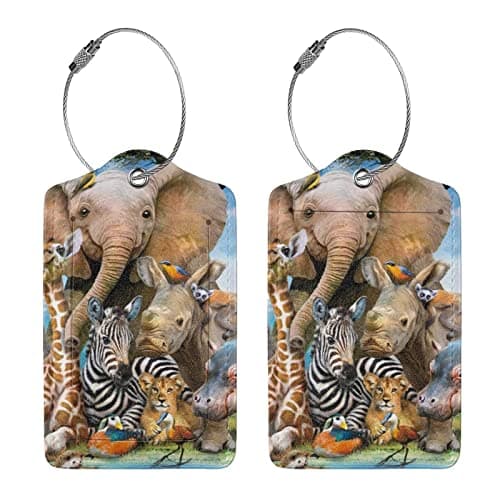 Safari Animals Print Leather Luggage Tags with Stainless Steel Loop Privacy Cover Cute Suitcase Tags for Women Men Travel Bag Suitcase — view 4