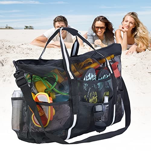 MOPHOEXII Extra Large Mesh Beach Bags Pool Bags，Vacation Beach Toy Bag Swimming Bag Packable Beach Bag Mesh Tote Bag for Women and Men, Black, Black, Large — view 3