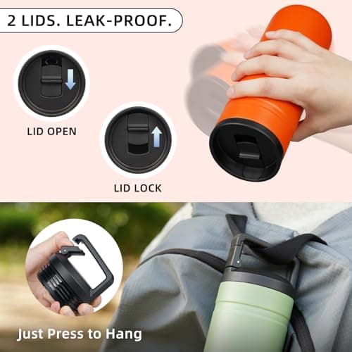 BJPKPK Insulated Water Bottle with 2 Lids,600ml Double Wall Stainless Steel Vacuum Tumbler Travel Coffee Mug,Wide Mouth Thermal Cup,Orange — view 6