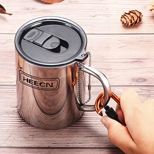 HEECN Camping Mugs - Double Walled Stainless Steel Mug for Hot Drinks with Lid and Carabiner - Backpacking - Trekking - Hiking - HESS038BBK330 — view 2