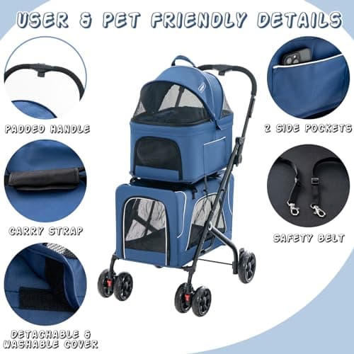Maxmass 3 in 1 Pet Stroller, Folding Dogs Travel Carrier with Wheels, Safety Belt, Side Pockets, Breathable Mesh & Removable Pad, Pet Travel Cart for Dogs Cats (Blue) — view 6