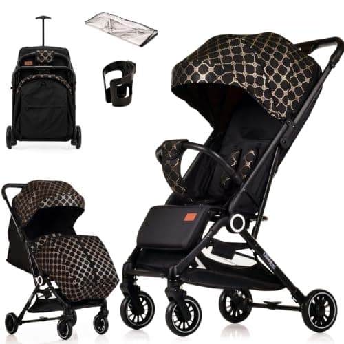 Lightweight Stroller, Baby Pushchair, Compact Travel Buggy, One Hand Foldable, Upgraded Wheels, Four Seasons Stroller, Foot Cover, Rain Cover (Black - Rose Gold Lattice)