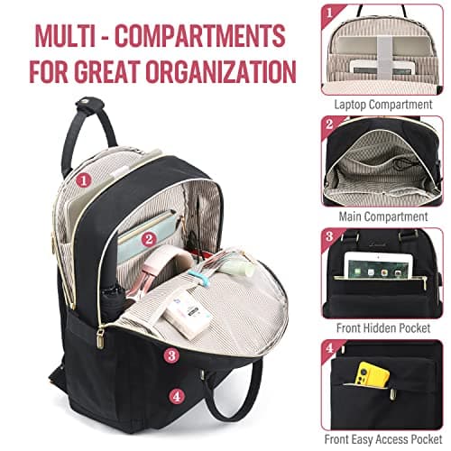 LOVEVOOK Laptop Backpack Womens, 15.6 Inch School Bags for Women Waterproof Computer Rucksack with USB Port for Travel Business College Work, Black — view 2