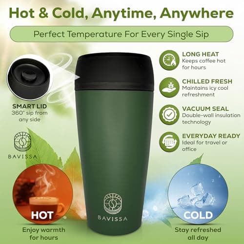 BAVISSA 360° Travel Mug, 400 ml, Leakproof, Double Walled (Khaki Green) — view 4