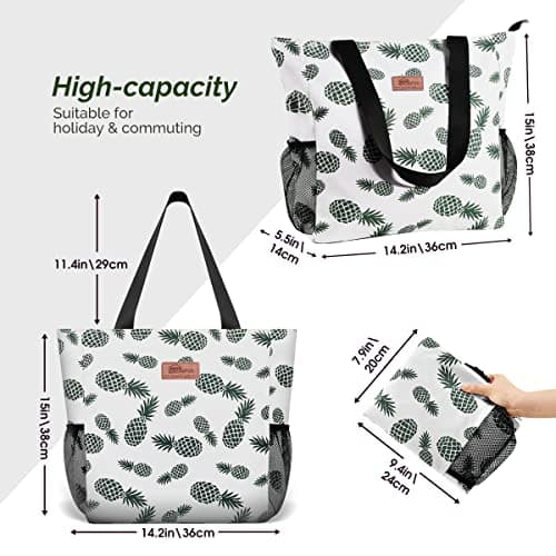 HOMESPON Large Waterproof Beach Tote Bag with Zip and Pockets for Women (Pineapple) — view 6