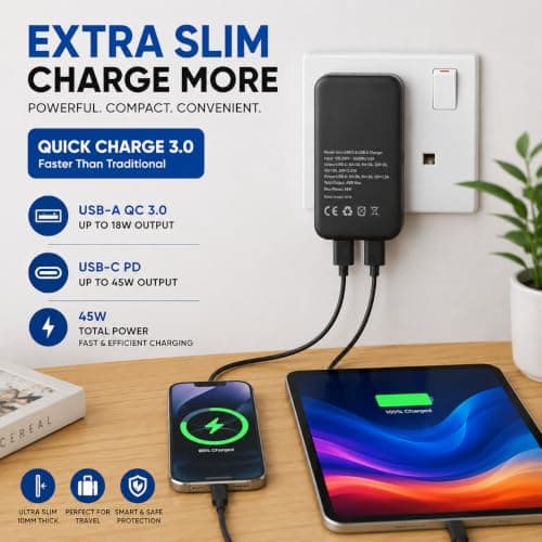 45W USB C Charger, Ultra Slim USB C PD & USB A QC 3.0 Fast Charger, Dual Port Folding UK Plug Power Adapter, Portable Wall Charger for iPhone, for i-Pads,for Samsang & Android Phones — view 5