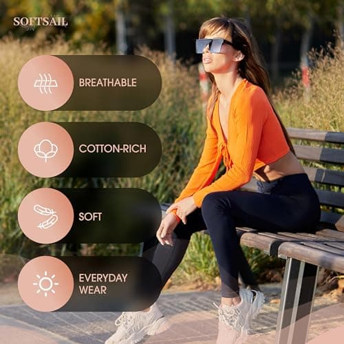 SOFTSAIL Leggings 95% Cotton Womens Leggings High Waist Leggings Full Length Ladies High Waisted Leggings Tummy Control Lady Legging Stretchy Pants Free Time Relax Walking Orange, 14 — view 3
