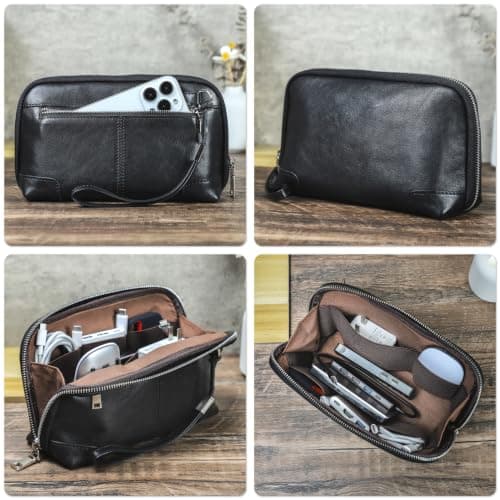 Electronic Organizer Zipper Bag Tech Pouch, Top Grain Leather Handmade, Portable Compact Travel Storage Cases Fits Apple Accessories, Phone, USB Cables, Power Banks, Chargers, Hard Drive, Black — view 2