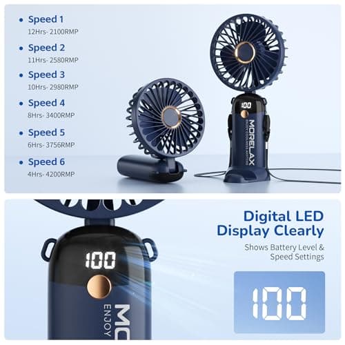 Morelax Hand Held Fan, Portable Handheld USB Rechargeable Mini Fan with 6 Speeds, 90° Foldable Desk Fan with LED Display, 4000mAh 5-in-1 Personal Pocket Fan for Home Office Bedroom Outdoor Travel,Blue — view 5