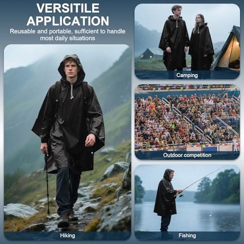 Czyan 2 Pack Rain Ponchos for Adults Reusable,Thickened Portable EVA Waterproof Raincoats Survival Emergency Lightweight Duty Rain Coat with Drawstring Hood for Hiking Camping Fishing & Travel - Black — view 2