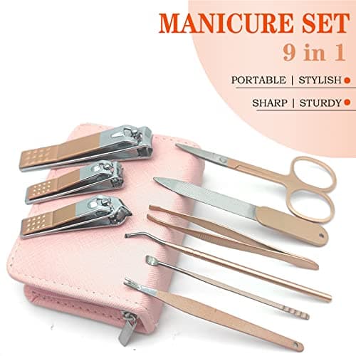 Nail Clippers Manicure Set - 9 In 1 Professional Stainless Steel Nail Scissors Grooming Kit For Women & Man Nail Care Tools Pedicure Kit With Pink PU Leather Zip Case For Travel & Home（ROSE GOLD） — view 2