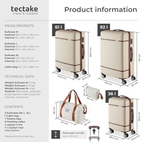 tectake® 13-Piece Suitcase Set, ABS Hard-Shell Luggage Set with Telescopic Handles, TSA Locks, 360° Wheels, Incl. M, L & XL Suitcase, Expandable Travel Bag, Toiletry Bag & 8 Packing Cubes - Cream — view 6