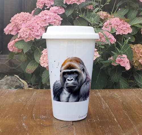 Personalised Gorilla Travel Mug, Gift for Safari Lover, Thank you present for Zoo Animal Lover, Hot Drinks Flask, Insulated Coffee Cup — view 2