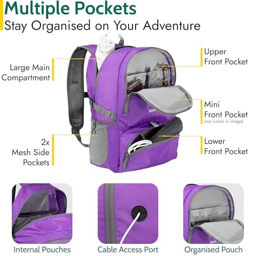 Trail Foldable Backpack, Lightweight Packable Rucksack, 20L, Purple — view 3
