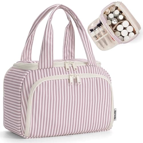 Narwey Large Toiletry Bag for Women, Travel Wash Bag Women for Full Size Toiletries, Wide Open Toiletries Bag Makeup Cosmetic Organizer Bag for Essentials Accessories (Dusty Rose Stripe)