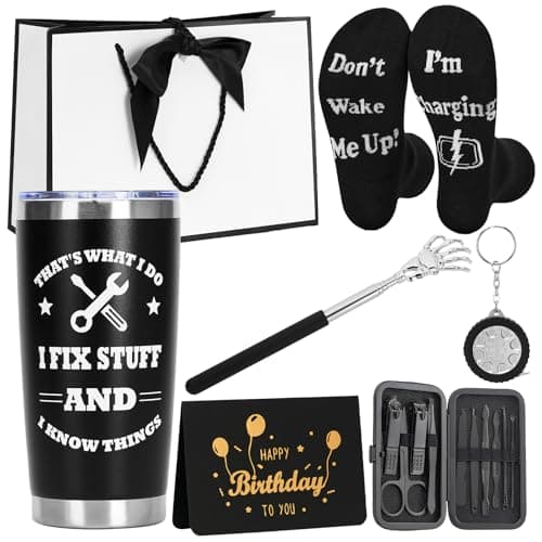 Iyxeo Funny Birthday Gifts for Men, Men's Gift Set with Tumbler, Telescopic Back Scratcher & Novelty Socks, Unique Present Ideas for Dad, Husband, Brother, Boyfriend, Father's Day & Valentine's