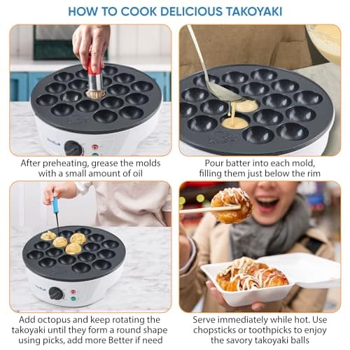 StarBlue Takoyaki Maker Machine with FREE Takoyaki Picks - Temperature Control 18 Holes Electric Pan for Japanese Octopus Balls 220V 60Hz 700W UK Plug with EU Adapter, SB-JC503 — view 6