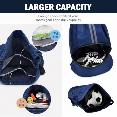 Sioloc Blue Waterproof Drawstring Backpack for Gym & Swim – Lightweight Sports Bag with Shoe Compartment, Large Capacity, Wet/Dry Pockets (Men & Women) — view 4