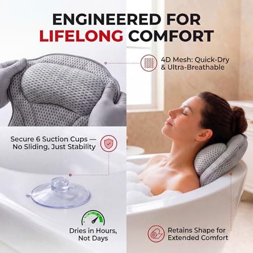 Bath Pillow LAVISMA Ergonomic Bathtub Cushion with 4D Breathable Mesh, Head, Neck, Shoulder & Back Support, 6 Strong Suction Cups, Quick Dry Spa Pillow for Bathtub Jacuzzi Hot Tub - Light Grey — view 6