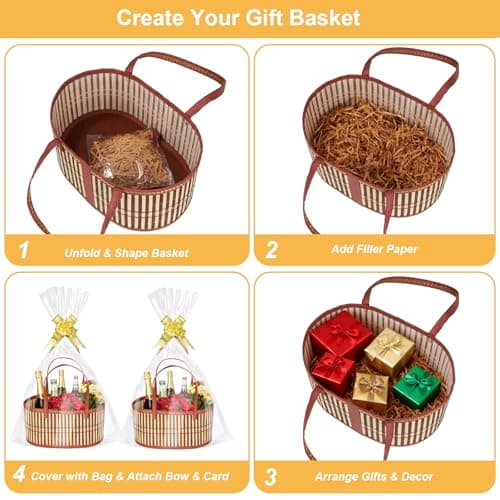 2-Pack Woven Bamboo Gift Basket Set, with 2 Bags, Bows, Cards & Fill, Easter Christmas Birthday Housewarming Hamper, Home Storage & Decor Organiser (Brown & Green) — view 4