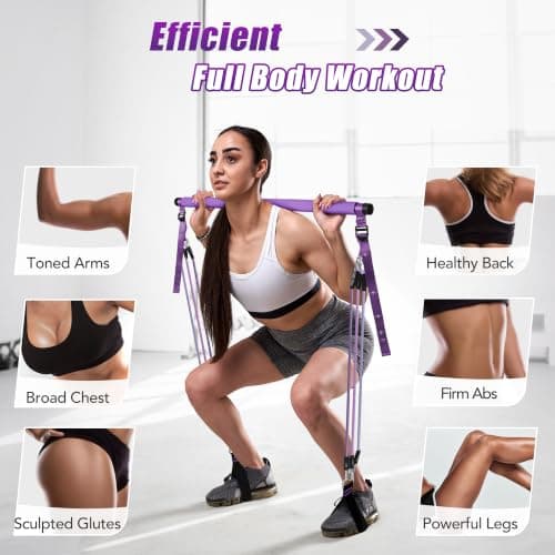 ALongSong Pilates Equipment Pilates Reformer Bar Set With 6 Elastic Resistance Bands 20-180LBS & Door Anchor for Full-Body Fitness Toning & Muscle Building | Home Workout/Gym/Travel-Purple — view 4