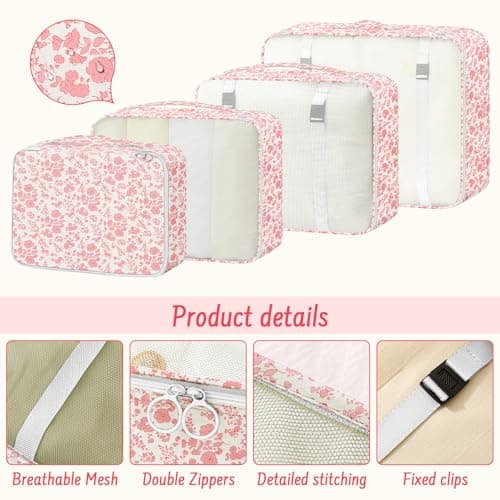 10PCS Packing Cubes for Suitcases, Travel Organiser Packing Bags for Clothes Shoes Toiletries Travel Luggage Organizers Storage Bags (Pink Flower) — view 5