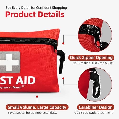 General Medi Mini First Aid Kit, 92 Pieces Small First Aid Kit - Includes Emergency Foil Blanket, Scissors for Travel, Home, Office, Vehicle, Camping, Workplace & Outdoor (Red) — view 3