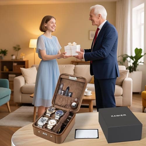 KAMIER Watch Box with Combination Lock - 4 Watch Storage and Jewelry Organizer - Luxury Watch Travel Case for Ring and Watch Storage, PU Leather Watch Cae, Ideal for Gift (With Gift Box), Brown — view 6