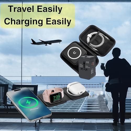 HH-Tech 3-in-1 Foldable Magnetic Wireless Charger Station with a International Travel Plug Adapter & Case, For iPhone 16/15/14/13/12, Watch 10/9/Ultra/8/7/6/SE/5/4, AirPods 4/3/2/Pro (Black) — view 3