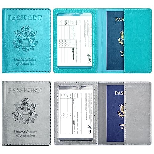 Eoehro Passport Holder for Travel Essentials-2Pack, Passport Wallet Cover Case for Travel Must Haves Accessories,Passport Book Holders for Women and Men, CH-turquoise+grey, Minimalist — view 2