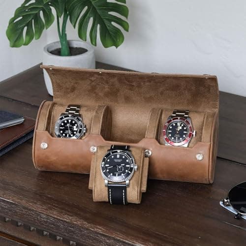 ROTHWELL Watch Roll Travel Case for 3 Watches | 100% Genuine Leather Heavy Duty Wearable Protection Fits All Wristwatches and Smart Watches up to 50mm (Tan/Tan) — view 2