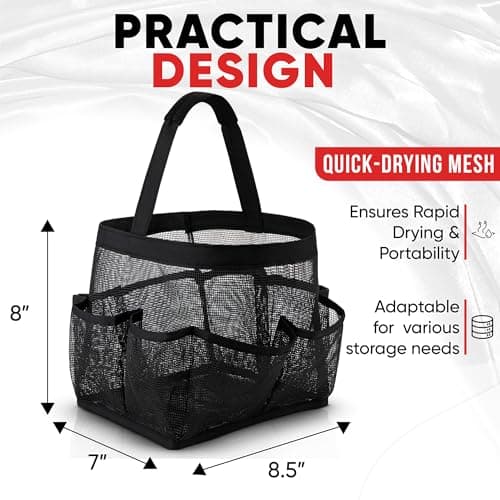 Masirs Shower Caddy Mesh - 9 Pocket Portable Bathroom Organizer Tote for Travel, Gym & Dorm - Collapsible Small Shower Caddy Bag to Hold Toiletries & Essentials (Black) — view 3