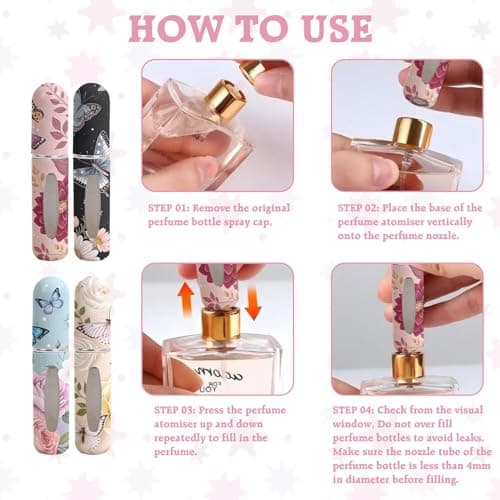 4PCS Perfume Atomiser Set, Butterfly Floral Travel Perfume Bottle, Refillable Perfume Bottle 5ML, Travel Spray Bottle for Aftershave Travel Bottle, Mini Perfume Refill Bottles, Perfume Decanter — view 4