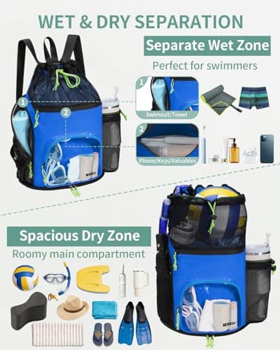 WANDF Swim Bag Mesh Drawstring Backpack with Dual Wet Compartments, 40oz Water Bottle Pocket & Transparent Front Pocket Sandproof Beach Bag for Swimming, Pool, Gym and Workout Gear (Blue) — view 2