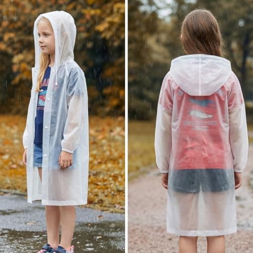 GOZINA Kids Rain Poncho Waterproof, Thickened EVA Raincoat with Hooded Drawstring & Snap Buttons, Portable Rain Coats for Boys Girls School Travel Outdoor (White + Purple) — view 2