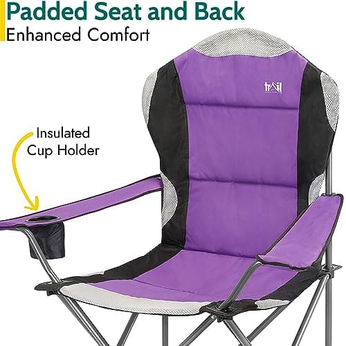 Trail Kestrel High Back Folding Camping Chair – 2 Pack, Luxury Padded Seat with Breathable Mesh, Heavy Duty Tubular Steel Frame, Cup Holder Armrest, Lightweight & Portable with Carry Bag (Purple) — view 5