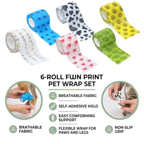 6 Pack Rolls Dog Bandages Vet Wrap, Self Adhesive Non-Woven Wrap for Cats and Pets, Breathable Stretch Tape for Paws, Legs and First Aid Kit Refills — view 3
