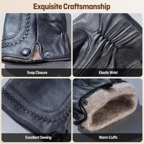 Men's Sheepskin Leather Gloves for Driving, Warm Fleece Lined Touchscreen — view 3